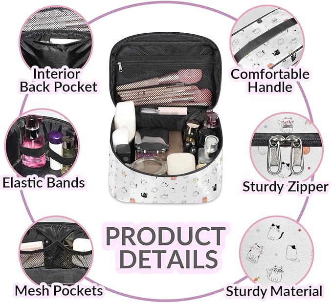 Large Makeup Bag Travel Cosmetic Bags for Women Cute Colorful Cartoon Animal Cat Makeup Organizer Case Toiletry Bag for Girls Traveling Wide Open Portable Pouch with Handle