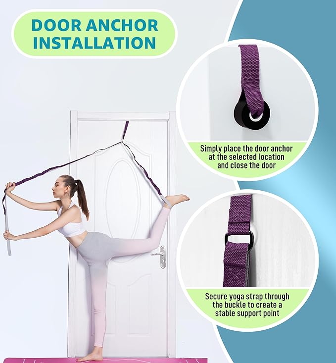 HiRui Stretching Strap Yoga Strap with Door Anchor, 14-Loops Non-Elastic Stretch Straps for Physical Therapy, Pilates, Dance, Gymnastics | Stretch Band with Workout Guide for Women & Men