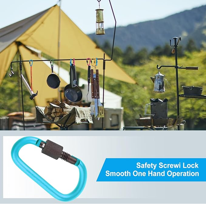 10 Pack Aluminum D Ring Key Rings Hiking Clips Locking Carabiner for Hiking Camping Fishing and Outdoor Use,Clips with Screw Gate Multicolored