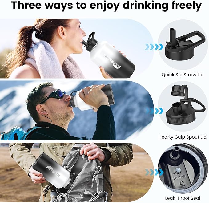 Insulated Water Bottle 64 oz, Triple Wall Vacuum Stainless Steel(Cold for 48 Hrs),Leak Proof & BPA-Free,Half Gallon Water Bottle with Reflective Paracord & Flip Straw for Sports & Travel, DarkGray