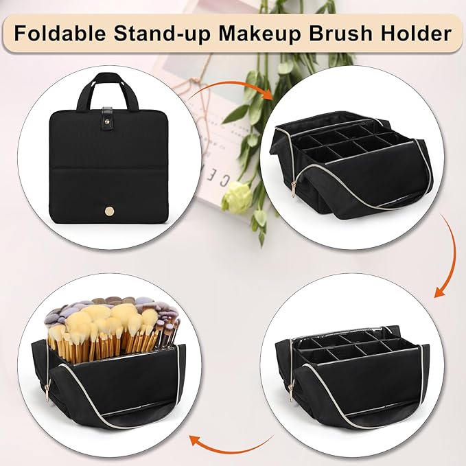 Large Makeup Brush Holder, Portable Stand-up Makeup Brush Organizer Bag, Foldable Makeup Brush Travel Case with Detachable Dividers, Professional Artist Makeup Brush Storage Bag (Brushes Not included)