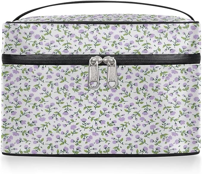 Large Makeup Bag Travel Cosmetic Bags for Women Purple Vintage Bohemian Spring Flower Floral Makeup Organizer Case Toiletry Bag for Girls Traveling Wide Open Portable Pouch with Handle