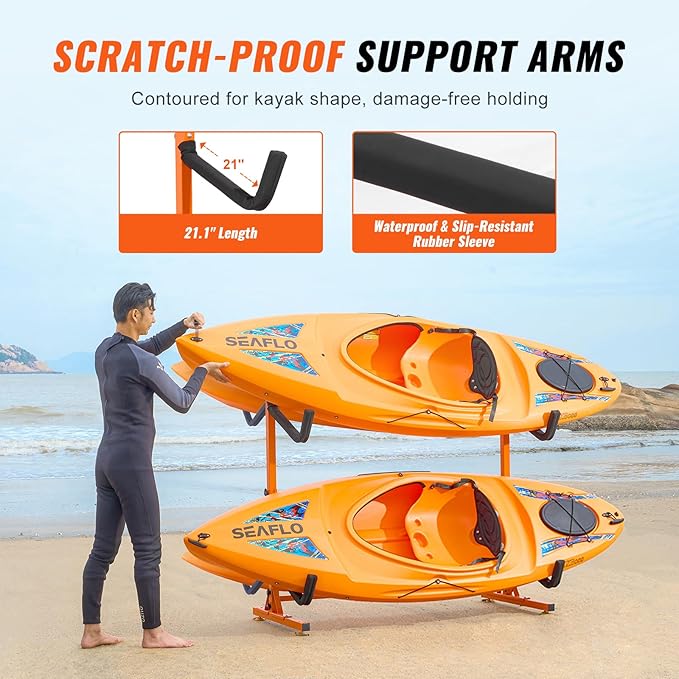 VEVOR Freestanding Kayak Storage Rack, Kayak Stand for 2 or 4 Kayak Canoe Paddleboard, Heavy-Duty Steel Kayak Hanger Holder with Padded Arms and Adjustable Width,for Indoor Outdoor Garage