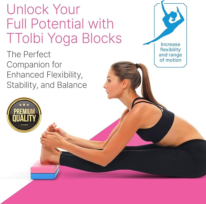 Yoga Blocks 2 Pack Set with Dance Stretch Band & Guide: Non-Slip EVA Foam Block - Ideal Stretching Equipment for Home Workouts, Pilates, Dance, Ballet, Gymnastics, Exercise - Stretch Strap Stuff Props