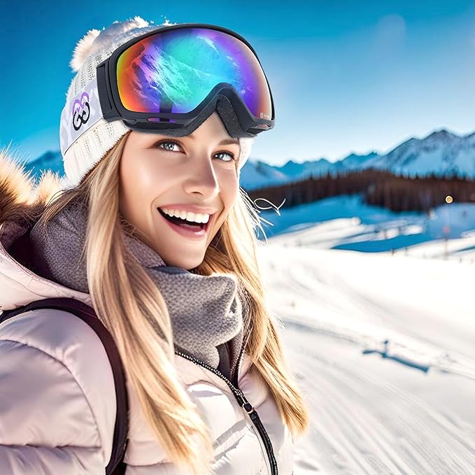 GoLight OTG Anti-Fog Ski Goggles for Men Women ??Spherical REVO Lens, UV400, Breathable TPU Frame, Adjustable Non-Slip Strap
