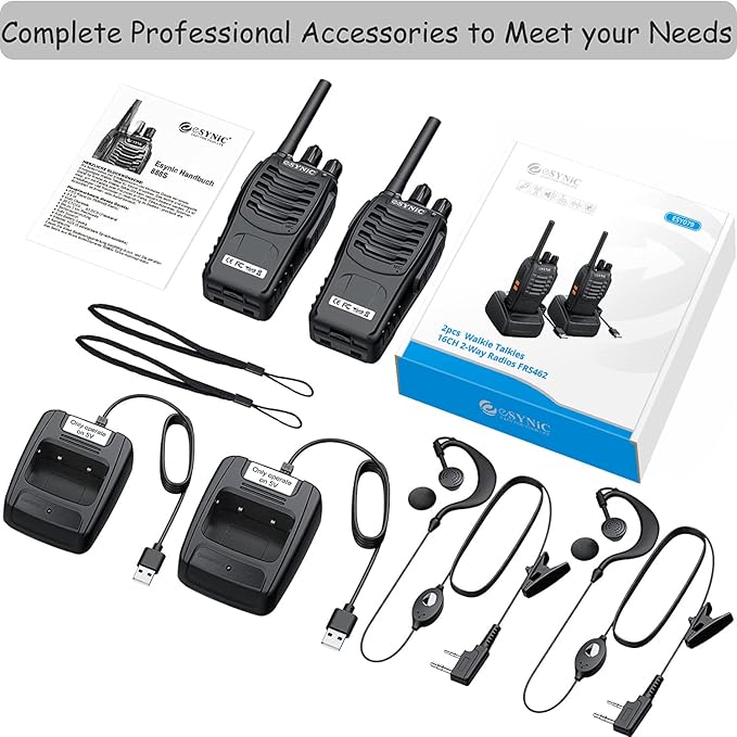 eSynic 2Pack Professional Walkie Talkies Rechargeable Walkie Talkies 2 Way 16CH Walkie