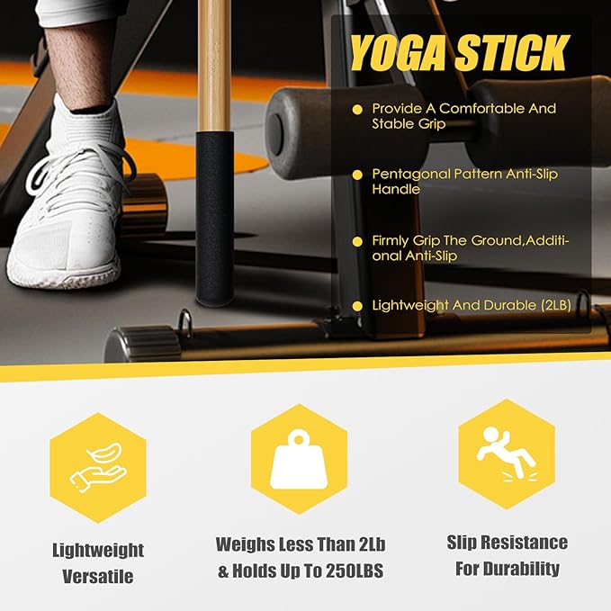 Bamboo Stretch Yoga Stick, 5ft/149 cm, Flexibility Stick for Physical Therapy, Premium Yoga Dowel with Super Sturdy Rubber Handle Ends, Exercise Bar for Posture Corrector