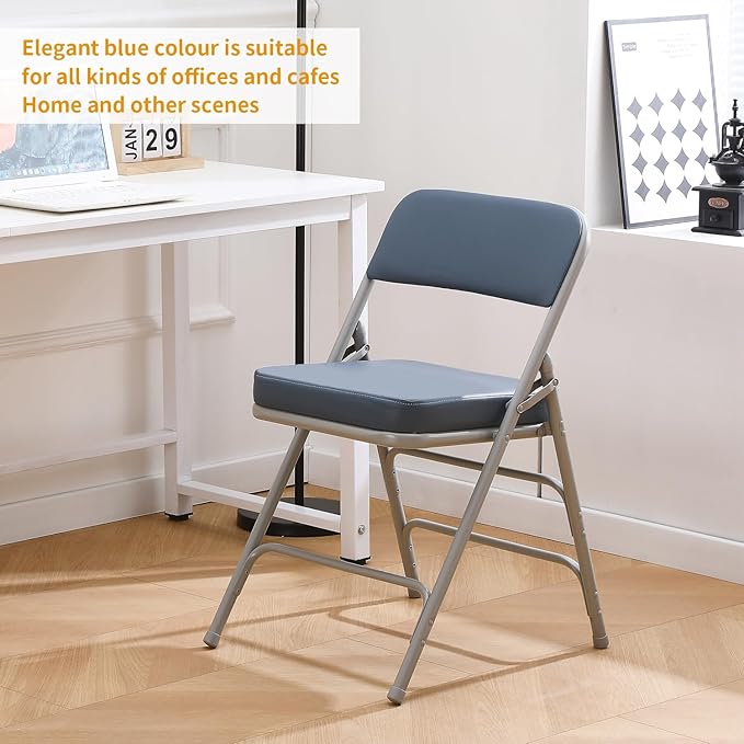 BOOSDEN Folding Chair, Foldable Chair, Faux Leather Fold Up Chair for Home, Office, Dining, Portable and Compact Metal Frame Folding Seat, Thickened Padded Fold Out Chair Indoor & Outdoor, Blue