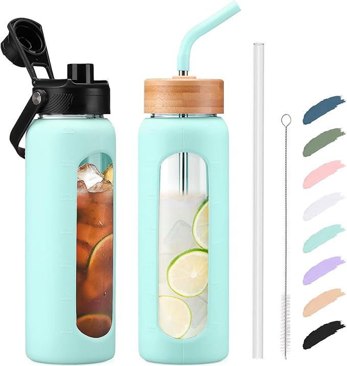 Kodrine Water Bottle with Straw, 24 oz Glass water Bottle with 2 Lids Bamboo Straw Lid and Spout Lid with Handle, 32 oz Clear Water Bottle Glass for Sports Travel, Waterbottle with Time Marker
