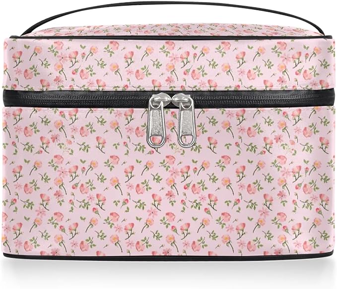 Large Makeup Bag Travel Cosmetic Bags for Women Pink Vintage Bohemian Spring Flower Floral Makeup Organizer Case Toiletry Bag for Girls Traveling Wide Open Portable Pouch with Handle