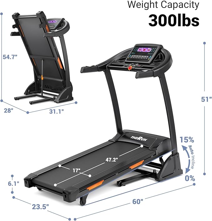 THERUN Incline Treadmill for Running and Walking, 300 lbs Weight Capacity Folding Treadmill with 0-15% Auto Incline, Wide Belt, 3.5HP, App, Heart Rate