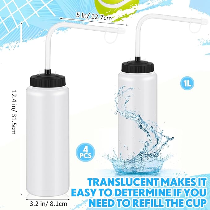 Domensi 4 Pack 1 Liter Sports Water Bottle W/long Straw Hockey Lacrosse Water Bottle with Straw Bpa Free Squeeze Plastic Use Sport Helmet in Football Baseball Gym(Translucent,Classic)