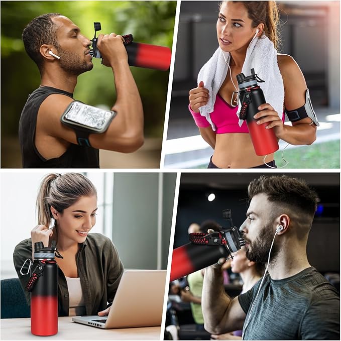 40 oz Insulated Water Bottle with Straw& Spout 2-in-1 Lid, Triple Wall Vacuum Stainless Steel Cold 48H, Leak Proof Sports Metal Flask Jug with Paracord Handle, Black Red