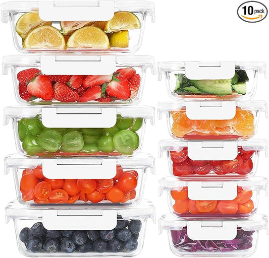 10 Pack Glass Food Storage Containers, Meal Prep Containers with Lids, Airtight Glass Lunch Boxes, Freezer, Oven, and Microwave Safe, White