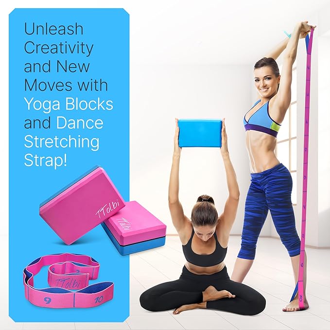 Yoga Blocks 2 Pack Set with Dance Stretch Band & Guide: Non-Slip EVA Foam Block - Ideal Stretching Equipment for Home Workouts, Pilates, Dance, Ballet, Gymnastics, Exercise - Stretch Strap Stuff Props