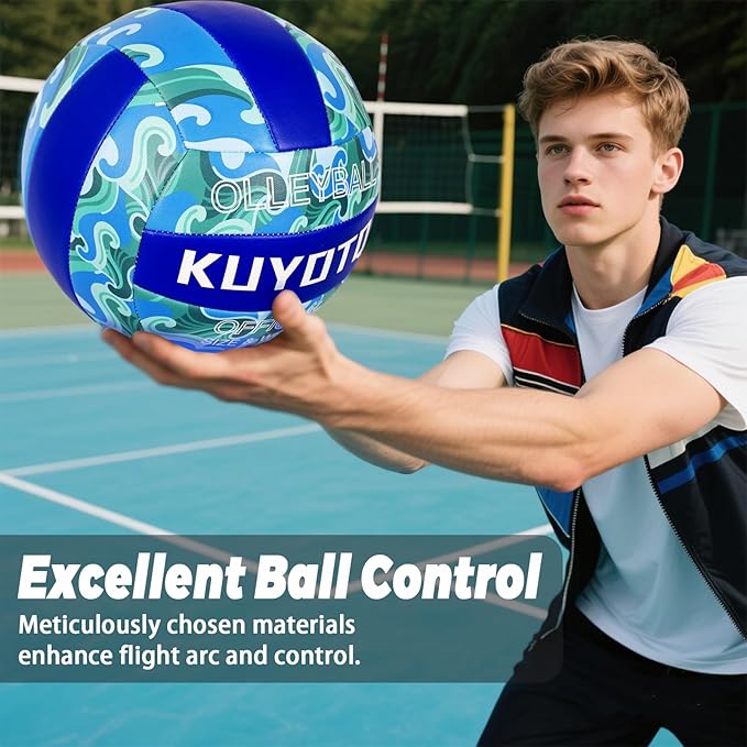 KUYOTQ Official Size 5 in&Outdoor Beach Volleyball,3MM Thickened Surface Soft Leather Youth Womens Mens Volleyball for Game Gym Training(Deflated) (Blue-Wave)