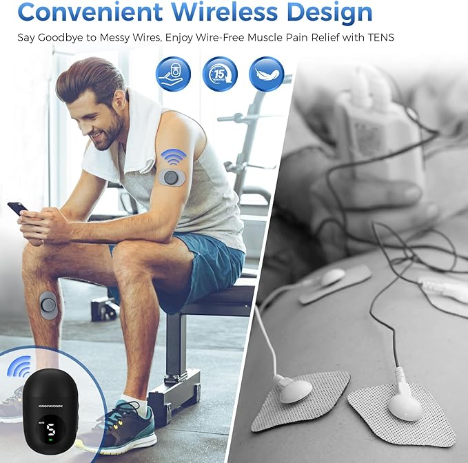 KingPavonini Wireless TENS Unit, Muscle Stimulator for Pain Relief, Portable Rechargable TENS EMS Machine, LED Screen, Remote, Dual Channel 6 Modes 16 Intensity Massager, Charging Case (4 Pads)