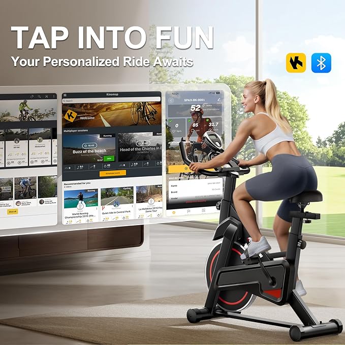 Exercise Bike, Adjustable Magnetic Resistance Stationary Bikes for Home with App Compatible, Indoor Cycling Bike with 300lbs Capacity Compact, Extra Comfort Seat & Tablet Mount