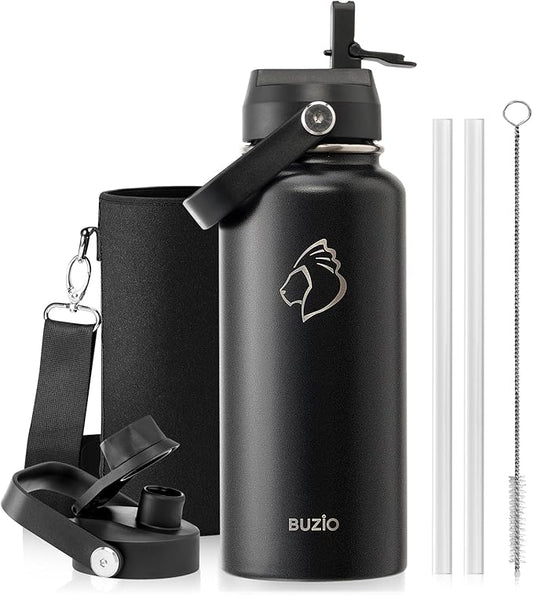 BUZIO Stainless Steel Water Bottle (Cold for 48 Hrs, Hot for 24 Hrs), 32 oz Vacuum Insulated Water Bottle with Straw Lid and Flex Cap (Double Wall, Wide Mouth, BPA Free, Leak Proof), Black