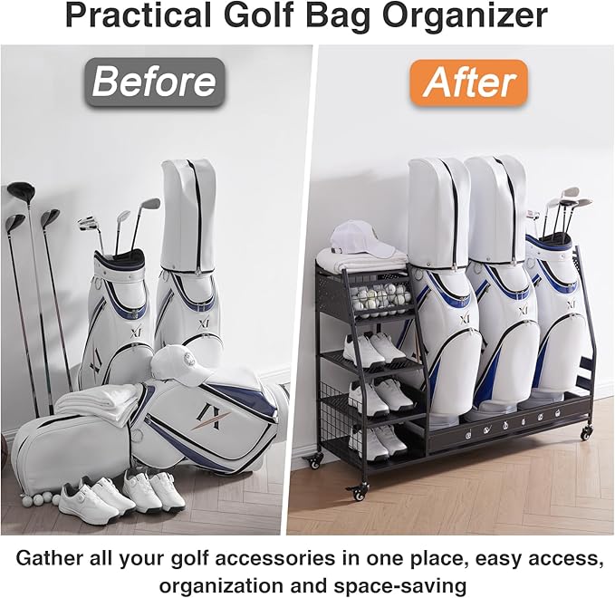 Lauren&Harold Golf Bag Organizer Garage Storage, Golf Storage Rack Stand Fits 2 Golf Bags, Golf Clubs and Other Golfing Equipment Accessories, Golf Organizer for Garage, Club, Shed, Basement