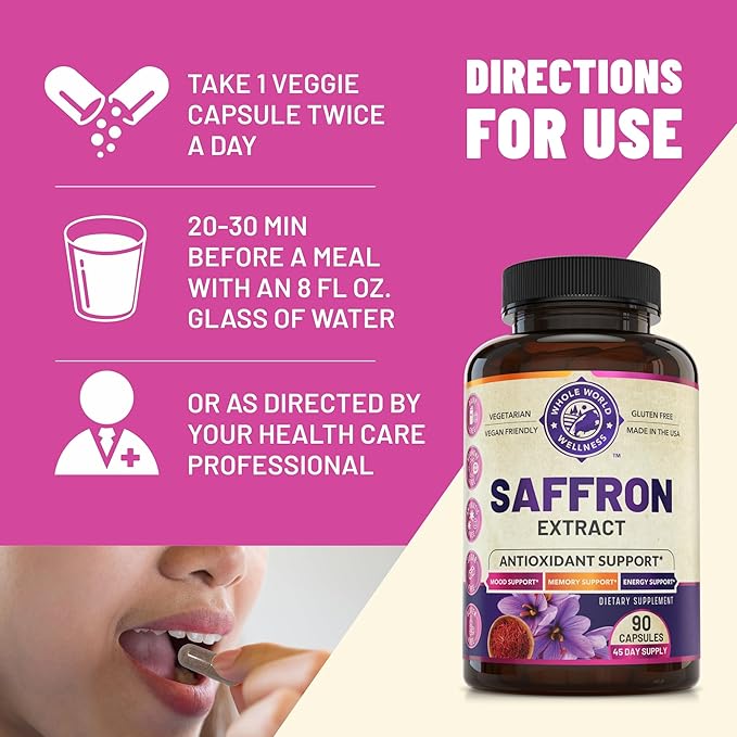 100% Pure Saffron Extract - Supports Weight and Appetite Health, Mood, Focus, Memory, Digestion, Eye, Skin and Brain Health. NSF Certified Saffron Supplements for Women and Men, 45-Day Supply.