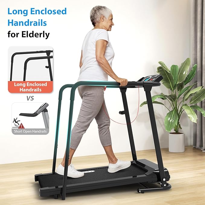 CIIHI Walking Treadmill for Senior - Foldable Senior Treadmill with 300 lbs Capacity and Long Handrails - Home Recovery Fitness Exercise Machine for Elder with Heart Rate Monitor