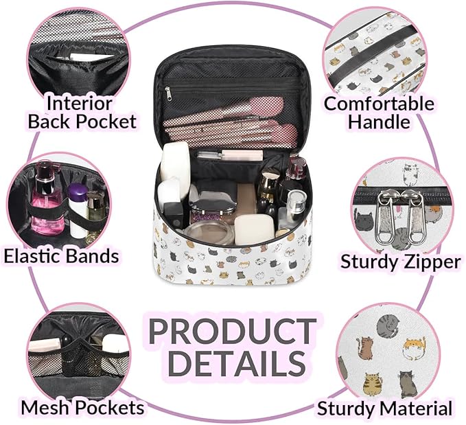 Large Makeup Bag Travel Cosmetic Bags for Women White Cute Colorful Animal Cat Makeup Organizer Case Toiletry Bag for Girls Traveling Wide Open Portable Pouch with Handle