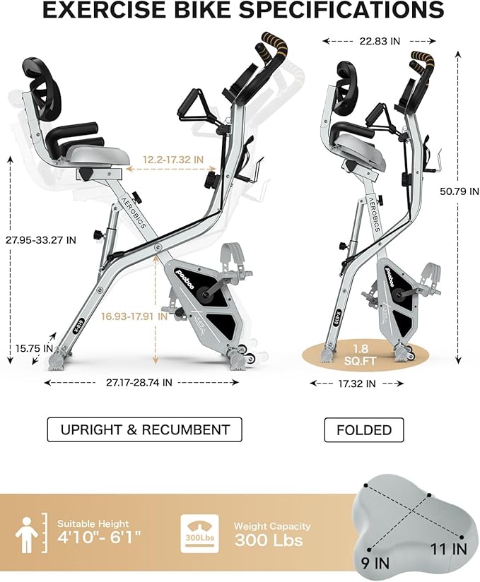 pooboo Folding Exercise Bike, Foldable Upright Stationary Bike, Indoor Cycling Magnetic X-Bike with 8-Level Adjustable Resistance, 6.6 LBS Flywheel, 300LB Capacity, Bottle Holder & Back Support Cushion for Home Gym
