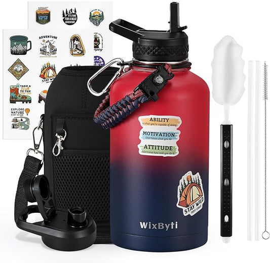 64 oz Insulated Water Bottle with Straw (Cold for 48 Hrs), Half Gallon Stainless Steel Triple Wall Vacuum Sports Water Jug, Leakproof Hydro Cup Flask with Straw Spout Lids & DIY Stickers