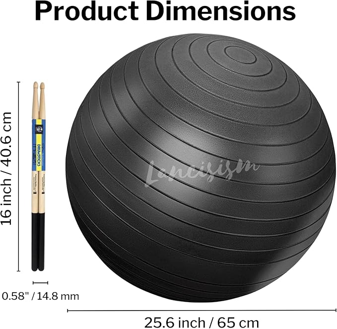 Lancisism Cardio Drumming Equipment Set - 26" Exercise Ball with Pump and Weighted Cardio Drumming Sticks with Grips - Fitness Yoga Ball Drumsticks Workout for Balance, Rhythm, Aerobic Moves (Black)
