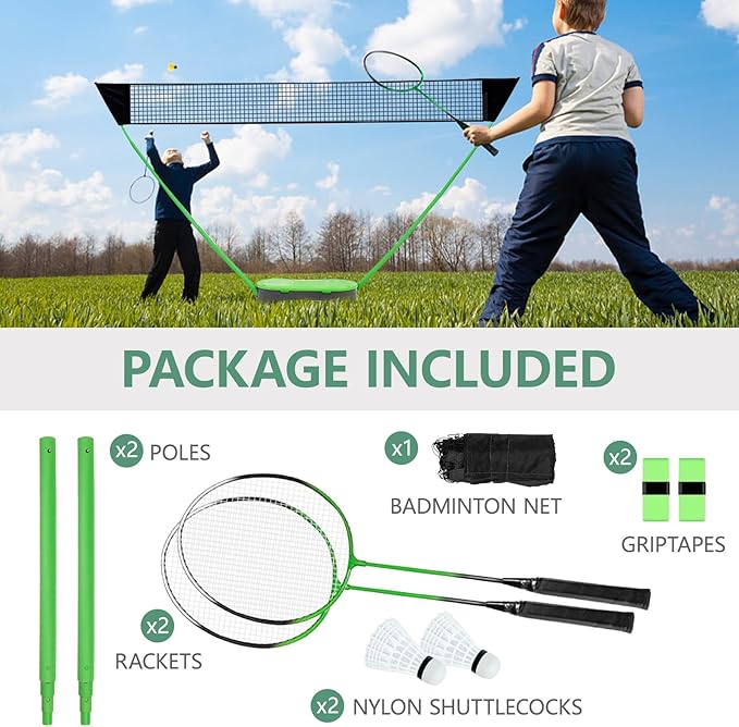 FBSPORT Badminton Set, Badminton Sets for Backyards, Portable Badminton Net Set with 2 Badminton Rackets 2 Shuttlecocks,10x5ft Net, Storage Base, Easy Setup for Backyard Combo Complete Badminton Set