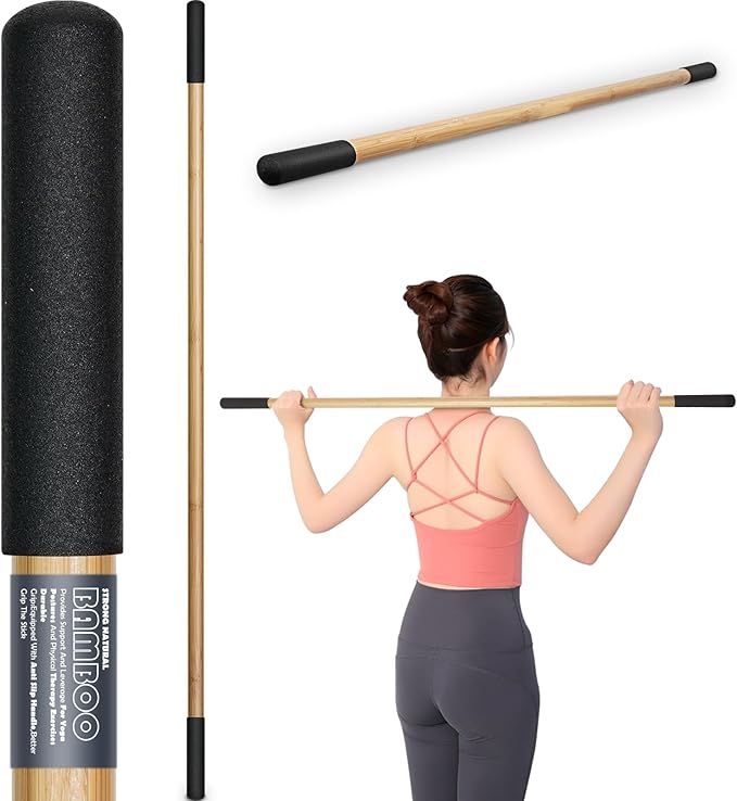 Bamboo Stretch Yoga Stick, 5ft/149 cm, Flexibility Stick for Physical Therapy, Premium Yoga Dowel with Super Sturdy Rubber Handle Ends, Exercise Bar for Posture Corrector