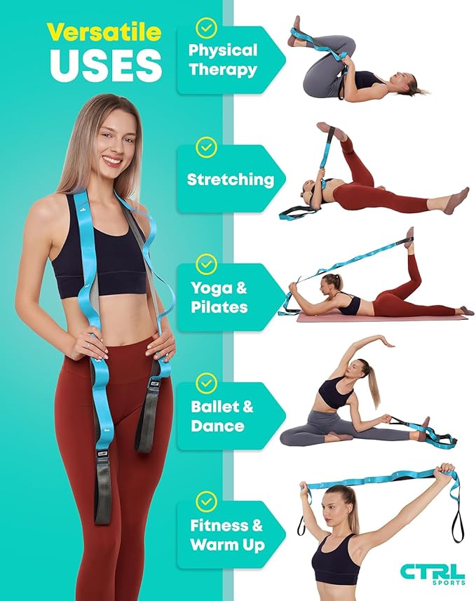 Stretching Strap with Loops - Non Elastic Stretch Band for Physical Therapy, Yoga Strap for Stretching Equipment, Stretch Bands for Exercise and Flexibility - Fascia, Hamstring & Leg Stretcher Belt