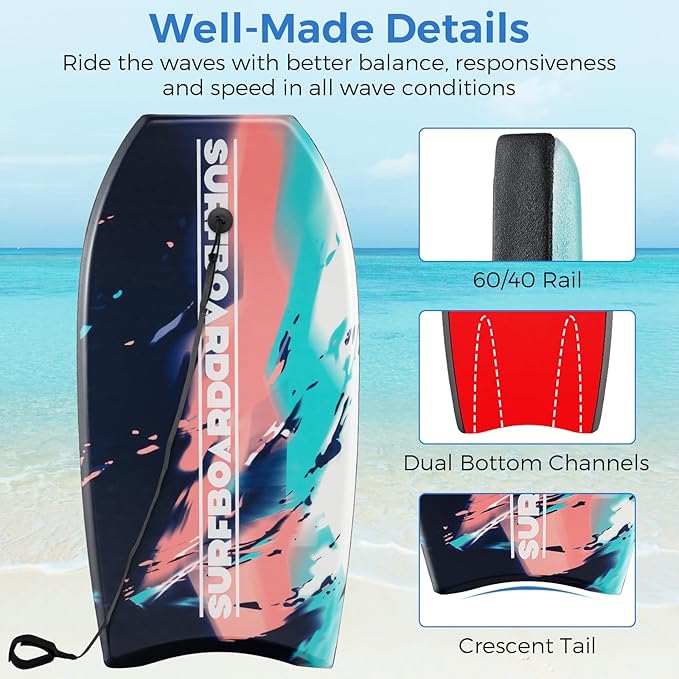 KOTEK 33/37/41 Inch Body Board with Wrist Leash, EPS Core, Dual Channel, HDPE Slick Bottom, Bodyboard for All Skill Levels & Wave Conditions