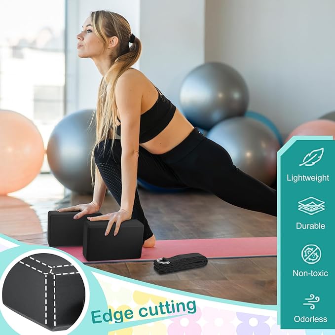 Meooeck 18 Pcs Yoga Block and Strap Set 9 x 6 x 3 Inch EVA Foam Non Slip Brick 8 ft Yoga Straps for Stretching D Ring Design for Back to School Pilates Fitness Workout Exercise