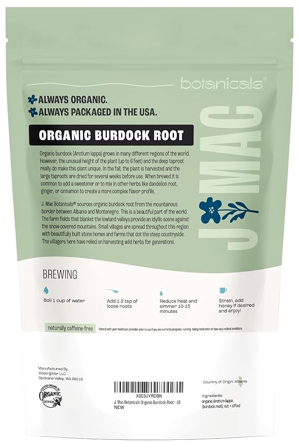 J Mac Botanicals, Organic Burdock Root Tea (16 oz), Certified USDA Organic Burdock Root herb, fresh dried herb from Eastern Europe