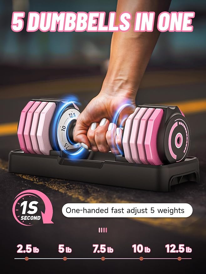 Adjustable Dumbbells Set 12.5LB/22.5LB Pair, 1-Sec Fast Adjustable 5 Weights by Turning Handle, Premium Comfort Non-slip Metal Dumbbells with Tray, Compact Size for Full Body Home Workout