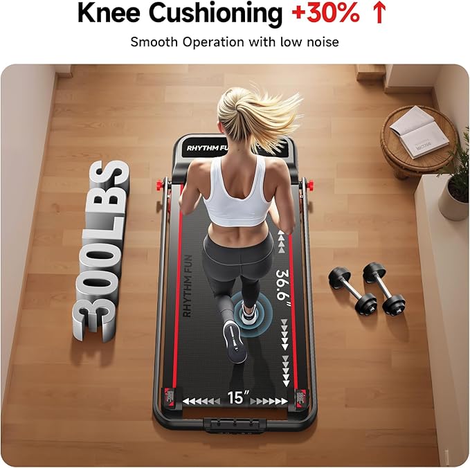 RHYTHM FUN Incline Foldable Treadmill, Walking Pad Treadmill with Incline, 300 lbs Portable Treadmills with Handles for Home Office Use, Under Desk Compact Walking Pad