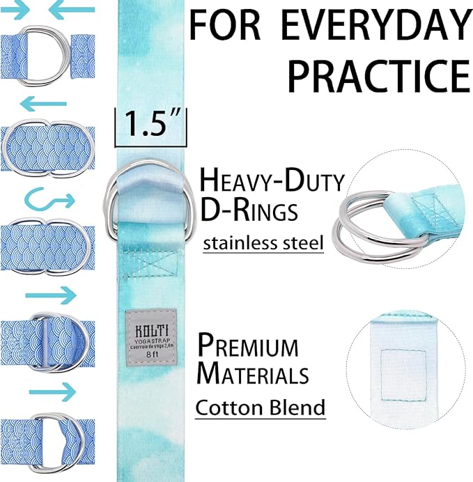 Yoga Exercise Adjustable Straps 8FT with Durable D-Ring for Pilates & Gym Workouts | Hold Poses, Stretch, Improve Flexibility & Maintain Balance