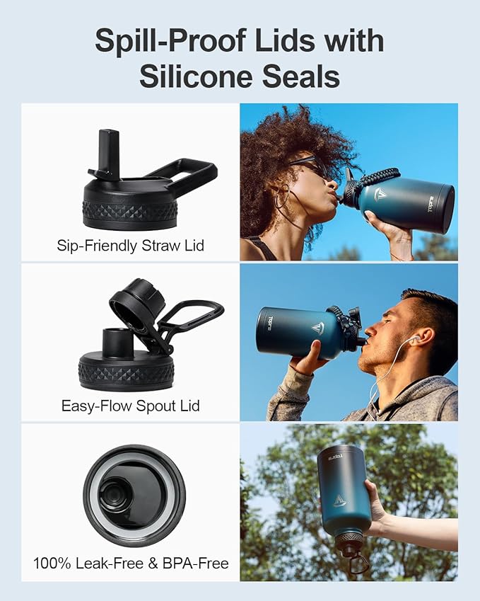 64 oz Insulated Water Bottle,Half Gallon Water Flask Stainless Steel Vacuum, Cold for 48 Hrs,BPA-Free & Leakproof -with Paracord Handle, Strap,Straw Spout Lids,Large Jug for Gym,Indigo Black