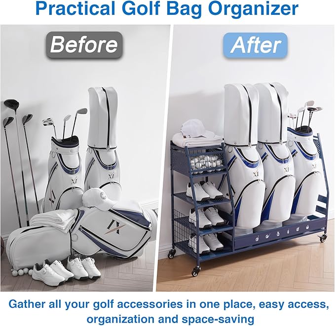 Lauren&Harold Golf Bag Organizer Garage Storage, Golf Storage Rack Stand Fits 2 Golf Bags, Golf Clubs and Other Golfing Equipment Accessories, Golf Organizer for Garage, Club, Shed, Basement