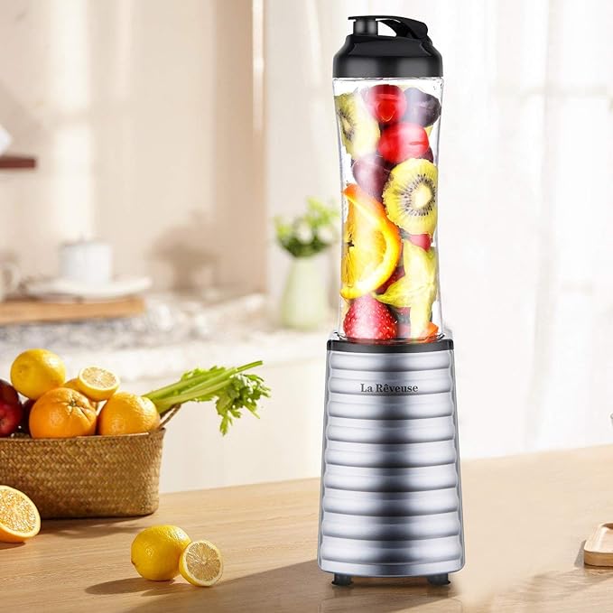 La Reveuse Smoothies Blender Single Serving 300 Watts with 18 oz BPA-Free Portable Travel Sports Bottle (Silver)