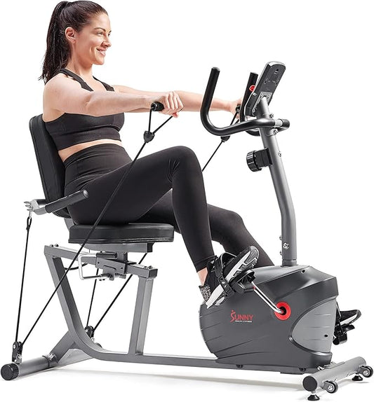 Sunny Health & Fitness Smart Indoor Recumbent Bike Trainer, Home Full Body Workout & Cardio Cycling Machine for Seniors, Free SunnyFit Bluetooth Connect, Optional Arm Exerciser Hand Cycle & Bands
