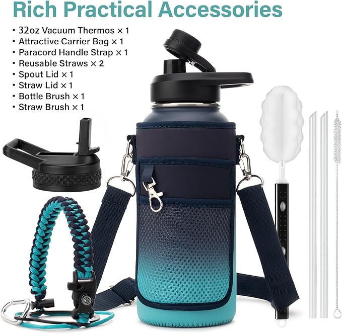 Insulated Water Bottle | Thickened Stainless Steel Vacuum Metal | Portable Sports Water Jug for Gym and Hiking with Straw, Carrier Bag, Handle Strap | BPA-Free 32 oz