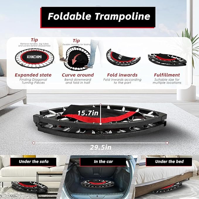 Kanchimi 550 LBS Foldable Mini Trampoline, 40" Fitness Trampoline Without armrests/U Shape Adjustable Foam Handle, Stable&Quiet Exercise Rebounder for Adults Indoor/Outdoor Workout