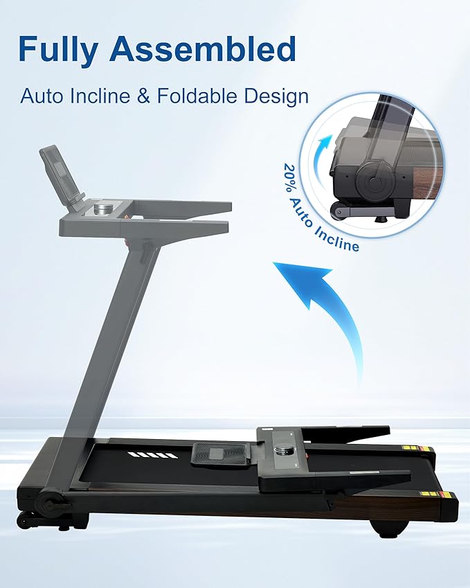 Foldable Treadmill with Auto Incline - 4 Hp 18.9 Inch Wide Treadmills for Home Seniors, 400 Lb Capacity, Backlit Knob Led Display, Shock Absorbent, Bluetooth App and Speaker, 12 Mph Speed