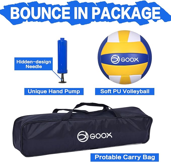 GOOX 4 Square Volleyball Net Game Set, 14 FT 4-Way Volleyball Net for Backyard Beach Lawn, Portable Four Square Volleyball Net for Adults & Youths with Vollyball, Pump, Carry Bag