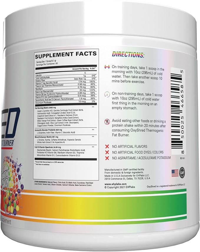 EHP Labs OxyShred Pre Workout Powder - Preworkout Powder with L Glutamine & Acetyl L Carnitine, Energy Boost Drink - Rainbow Candy, 60 Servings