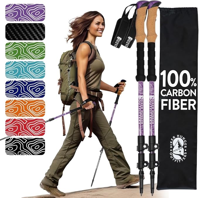100% Carbon Fiber Trekking Poles by USA Brand - Ultra Strong Lightweight Collapsible Hiking Poles with Cork and EVA Foam Grips & Quick Adjustable Flip Locks