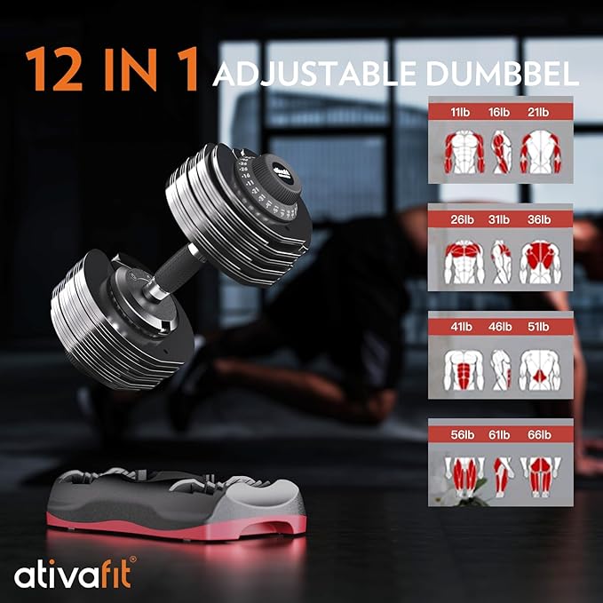 Ativafit 27.5/66/88LBS Pair Adjustable Dumbbell Set with Anti-slip Handle 12 In 1 Quick Dial Adjustment Weights With Safety Locking Button Space Saving Strength Training for Full Body Home Gym Workout